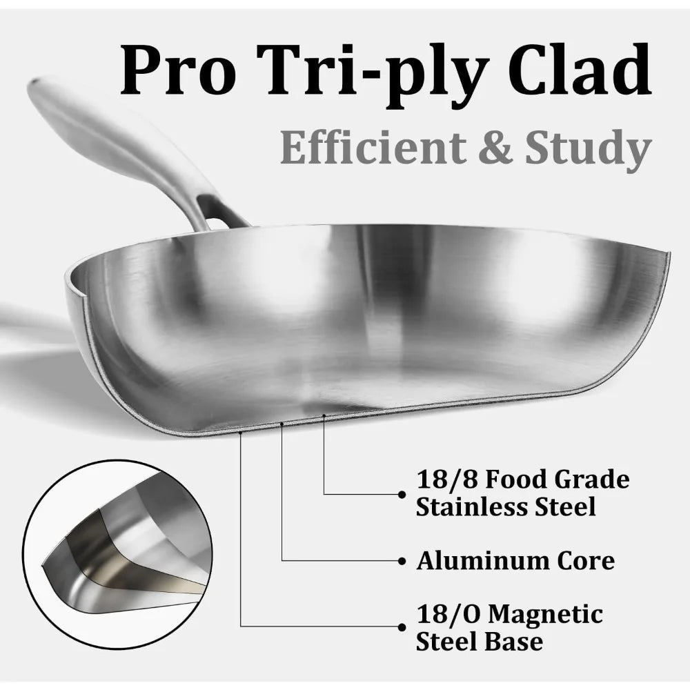 11 Inch Tri-Ply Stainless Steel Frying Pan Detachable Handle Fast Even Heating Induction Oven Safe Kitchen Skillet