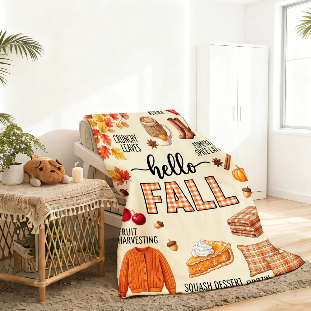 1pc Hello Fall Print Flannel Blanket Soft Comfortable Warm Bed Cover Autumn Winter Season Home Decor Halloween Thanksgiving Christmas Gift