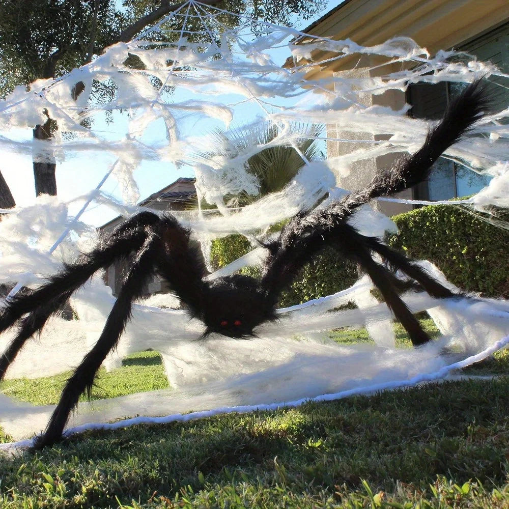 Halloween Decoration Outdoor 59'' Giant Spider with 400 sqft Spider Web Outside Decor, Stretchy Triangular Spiderweb 23 x 18 ft for Yard Haunted House Indoor Decor Supplies, Photobooth Props