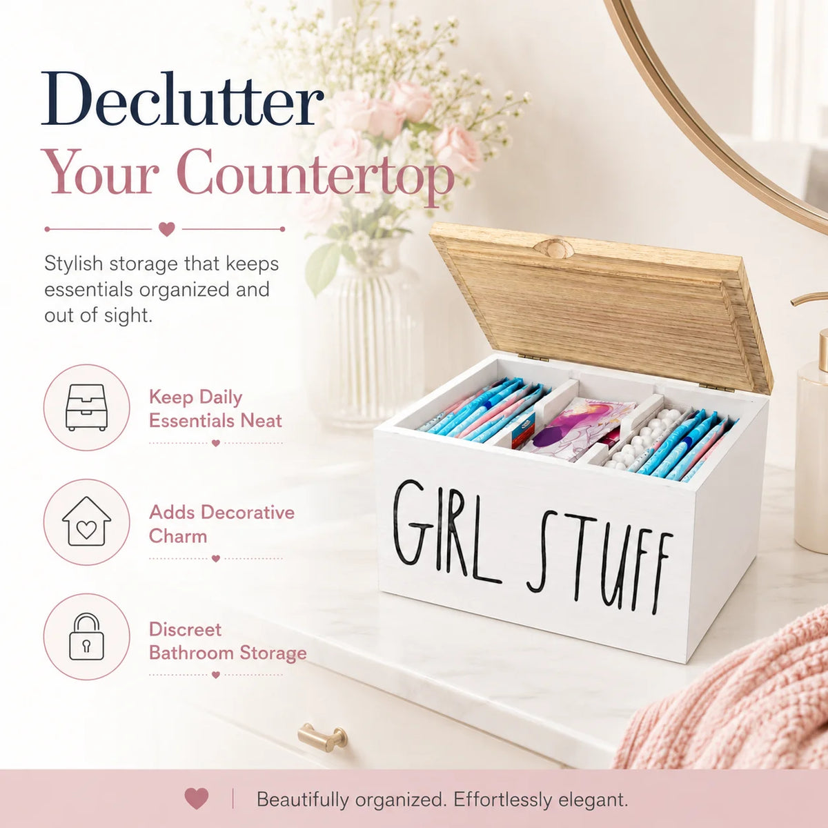 Wooden Period Organizer Box with Lid, Divided Sanitary Napkin Storage Container, "Girl Stuff" Bathroom Drawer Caddy for Tampons, Pads, Feminine Hygiene Products