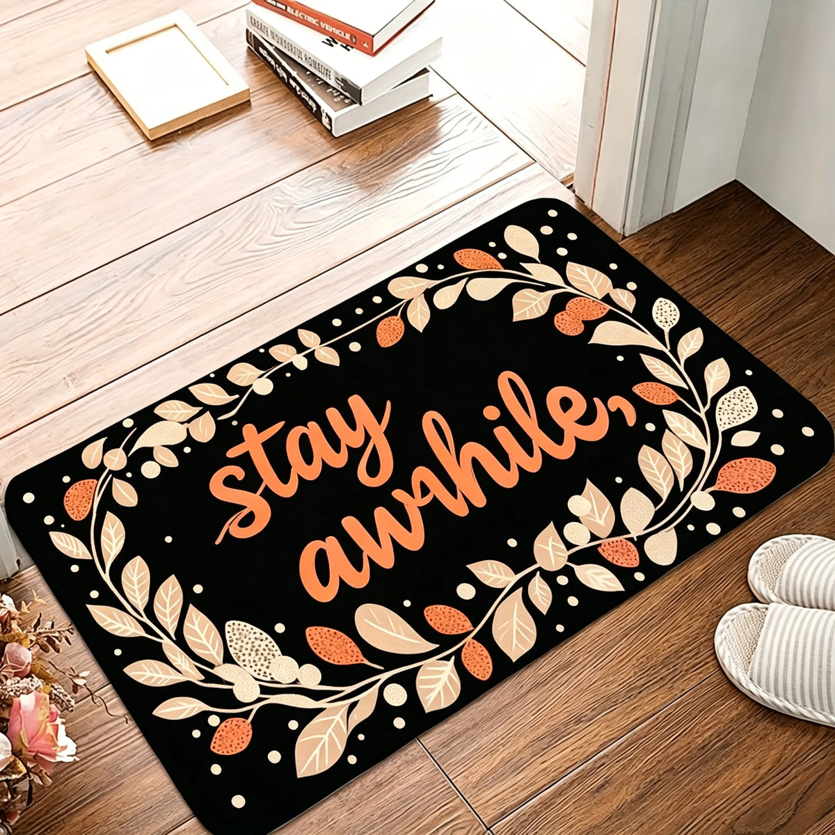 1 Piece of Family Welcome Printed Flannel Doormat with Leaf and Letter Patterns, Entrance Carpet, Living Room and Bedroom Mats, Available in Various Sizes and Colors