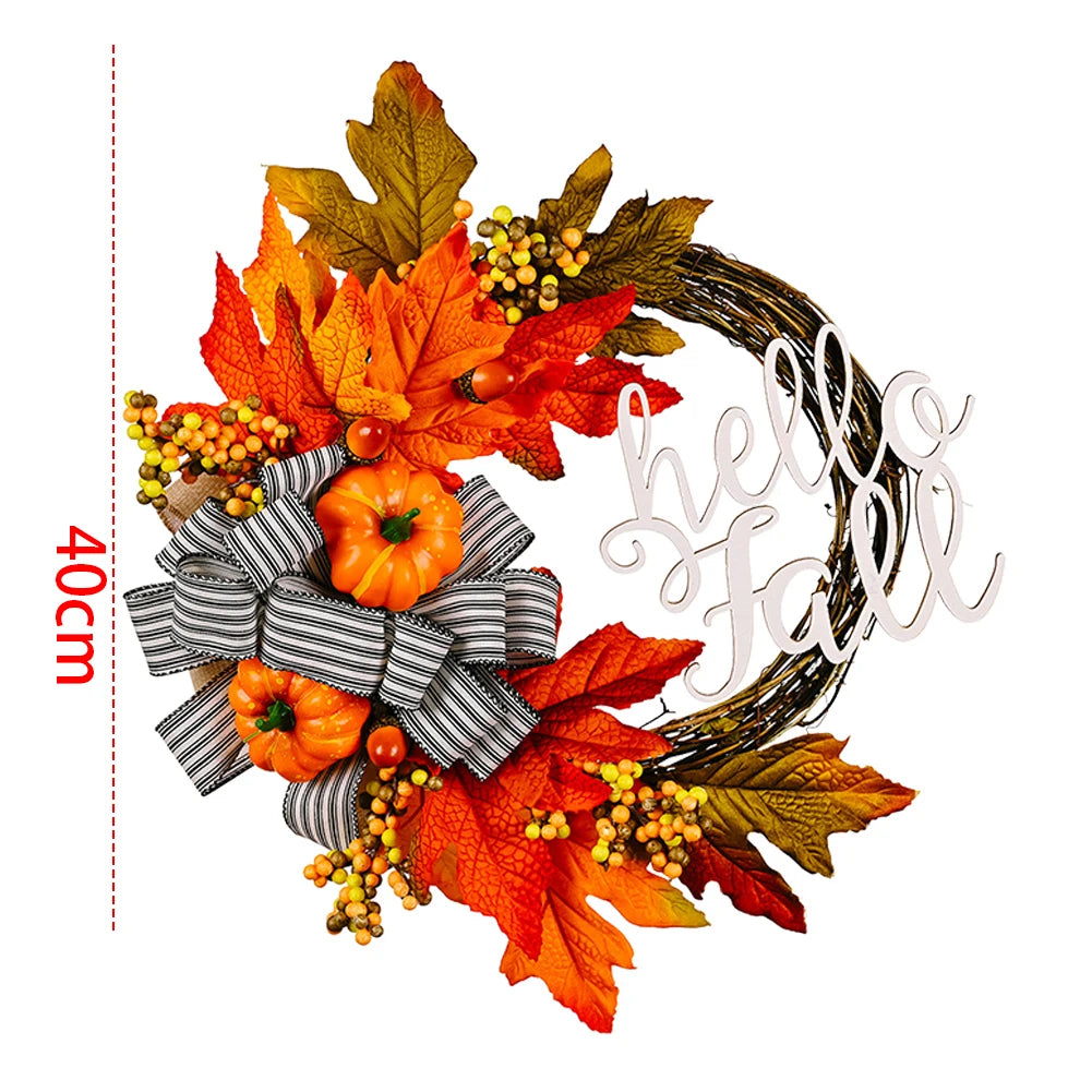 40cm Artificial Pumpkin Wreath Thanksgiving Garland Door Hanger Front Door Autumn Wreath for Thanksgiving Harvest Party Decor