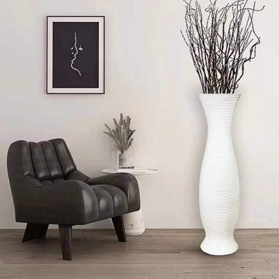Tall White Floor Vase 30 inches for Living Room Decor Handmade Ceramic with Horizontal Stripes Wide Mouth Opening Corner Vase f