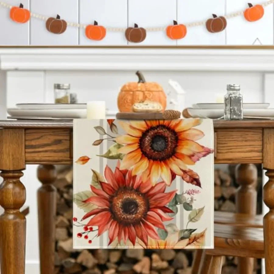 Sunflower Maple Leaves Fall Table Runner, Seasonal Autumn Kitchen Dining Table Holiday Thanksgiving Fall Decorations for Home P