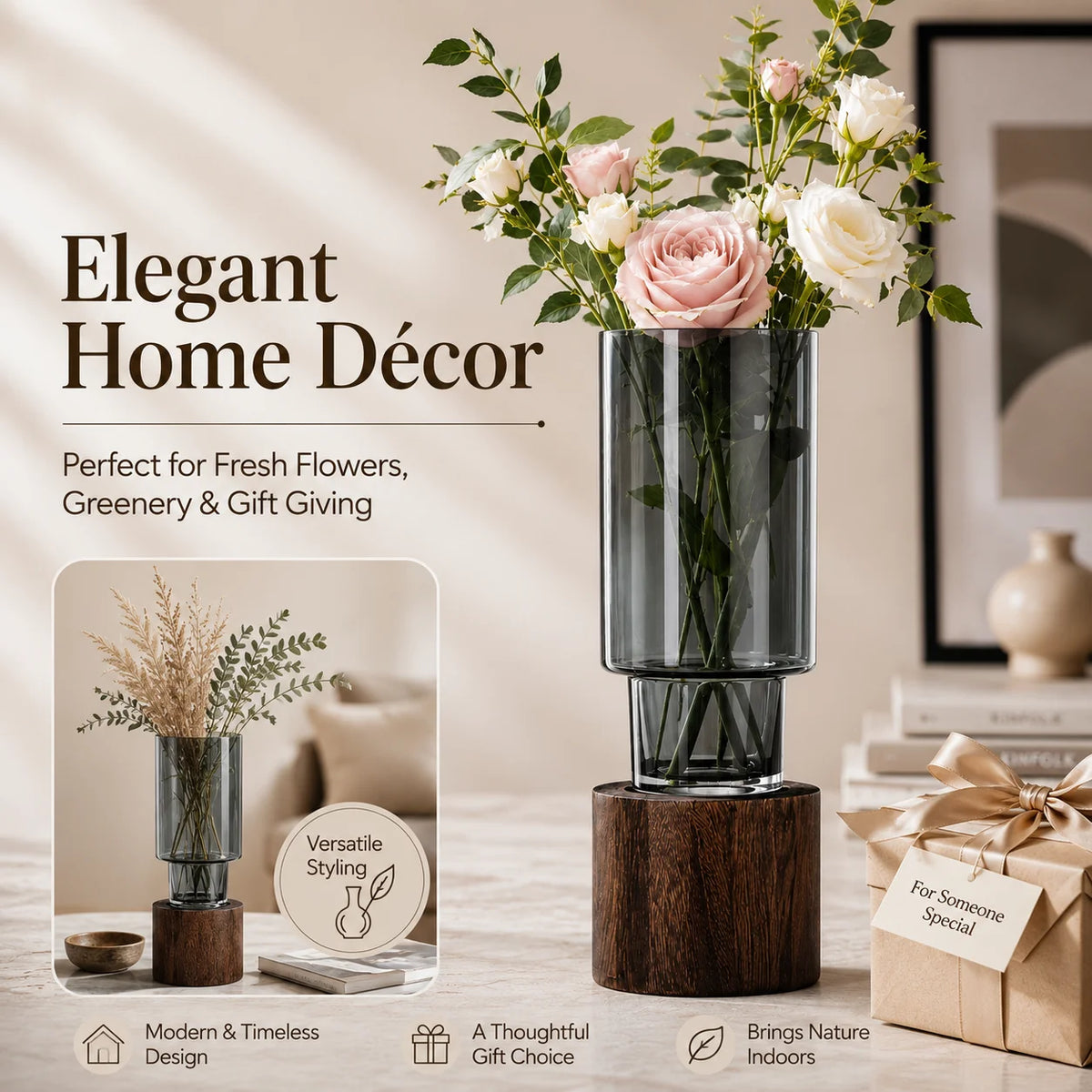 Modern Separable Cylinder Glass Vase, Smoke Grey Transparent Glass Vase with Natural Wood Stand, Minimalist Desktop Flower Arrangement Decor for Bedroom Office Entryway