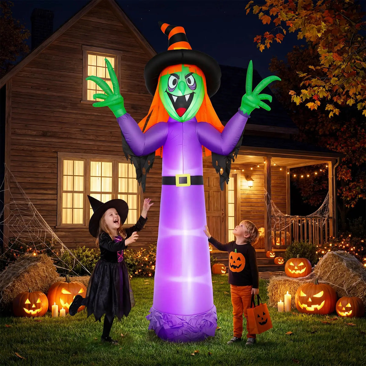 12ft Halloween Witch Inflatable Outdoor Yard Decoration With 4 Led Lights, Blower, Stakes & Ropes For Lawn Porch Haunted House Party