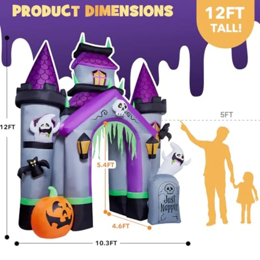 Halloween outdoor inflatables: 12 FT haunted house castle archway, PVC material, black and purple, weather-resistant with built