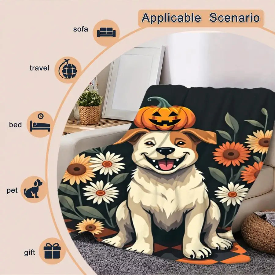 1pc 280GSM Cooling Flannel Throw Blanket, Halloween Design with Smiling Dog and Jack-o-lantern, Soft Skin-friendly Fluffy Fabric for Room, Sofa, Party, Indoor and Outdoor Use 2D Flat Weighted Blanket, 2D Flat