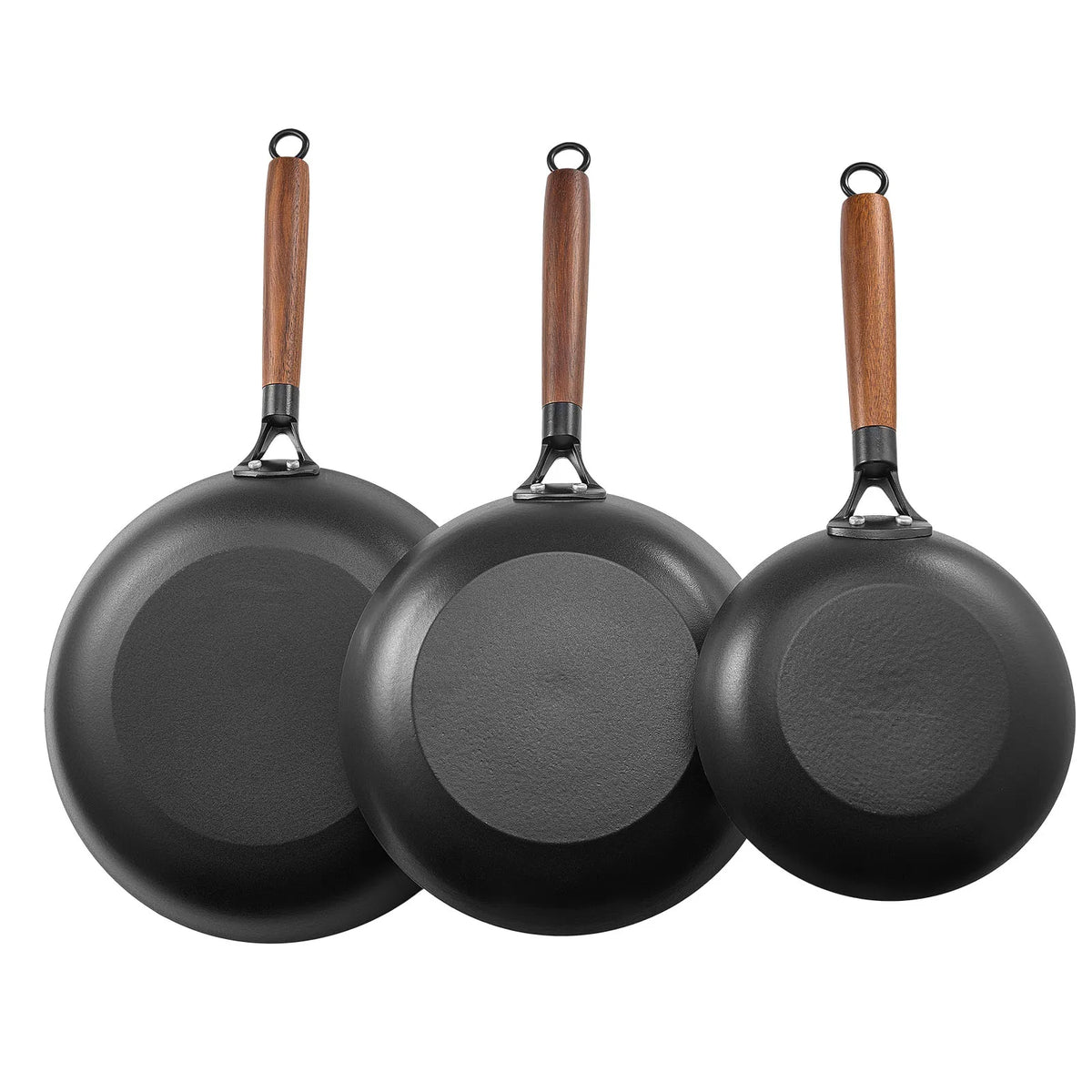 SucceBuy Cast Iron Skillet 3-Piece Frying Pan Set Nonstick Skillets with Wood Handle Kitchen Cookware for Gas Electrical Black