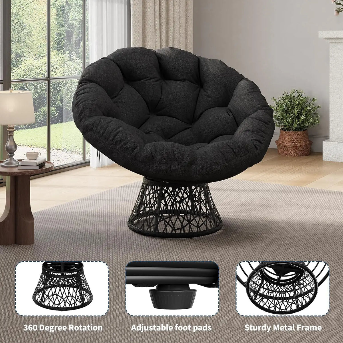 HiMISS Wicker Papasan Chair With Metal Swivel Base And Cushion