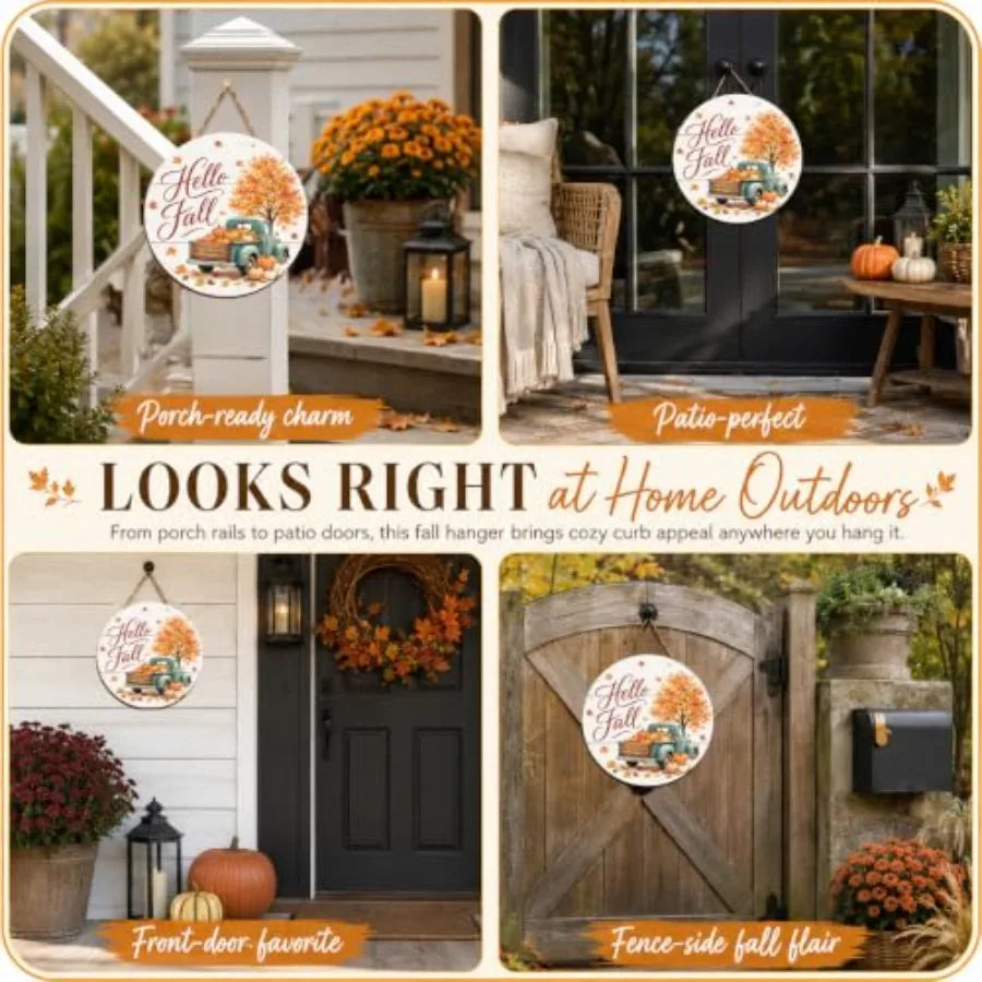 Fall Door Decor Wooden Hello Fall Sign, Pumpkin Truck Door Hanger Wooden Hello Fall pumpkin truck sign for front door, porch, w
