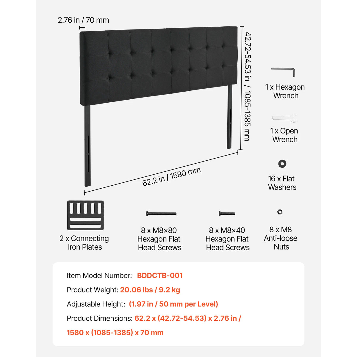 SucceBuy Adjustable Height Diamond Tufted Comfortable Headboard