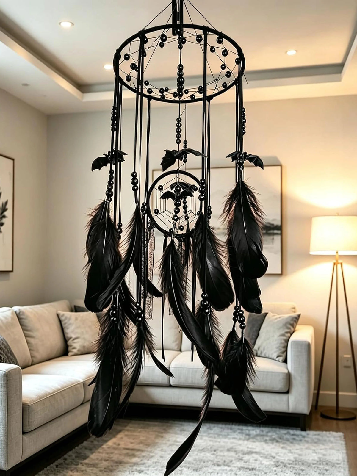 Halloween Gothic Black Dreamcatcher with 5 Bat Ornaments - Wall Hanging for Witchy Home Outdoor Decor, Halloween Bat Decor, Dark Gothic Gift, Goth Wall Hanging Decor
