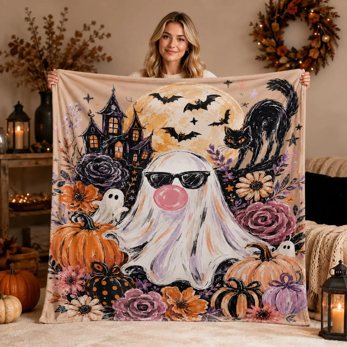 Ghost Blowing Bubble Gum Blanket, Cute Halloween Blanket, Girly Haunted House Throw, Brushstroke Floral Fall Blanket, Spooky Gift