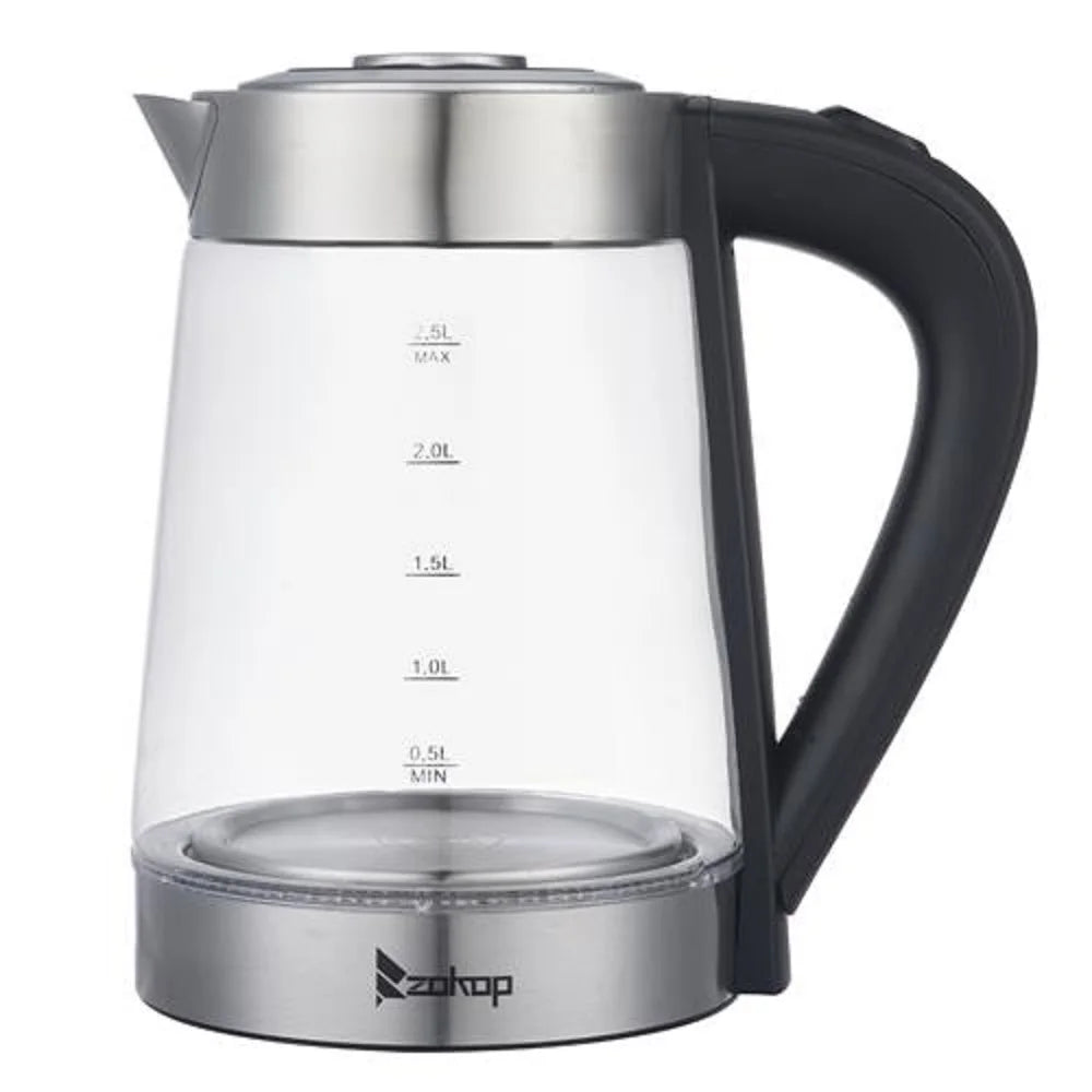 HD 250 110V 1200W 2.5L Electric Kettle with Blue Glass Stainless Steel 360 Rotation Base Auto Shut Off Blue LED US Plug