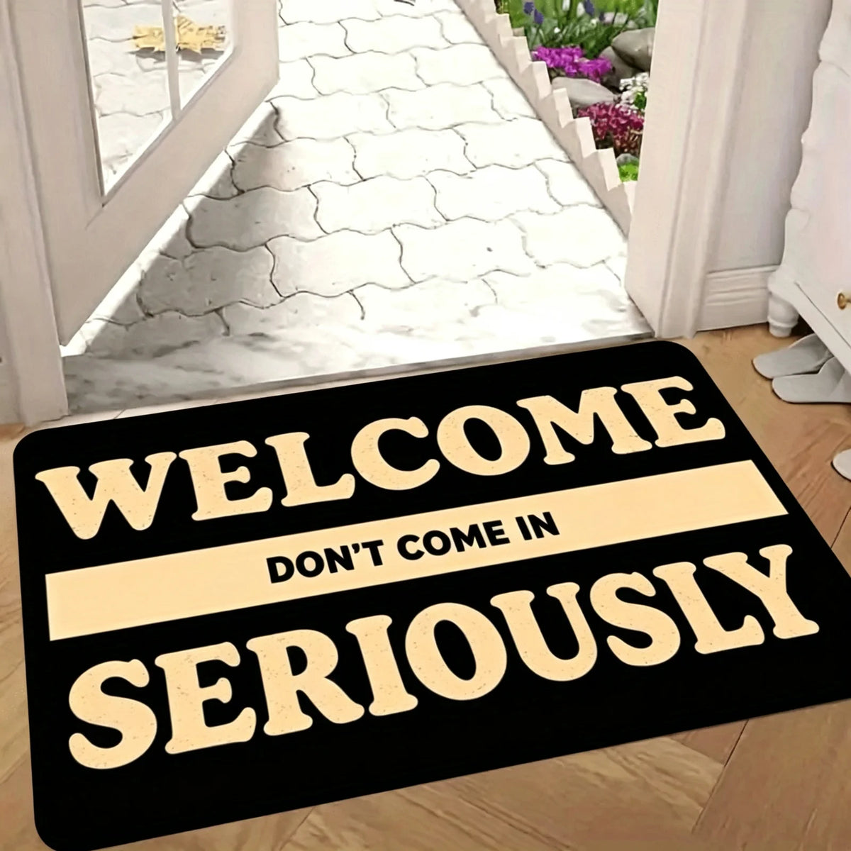 1 Fun Welcome Door Mat "Welcome Joke, Please Go Home" - Durable machine washable indoor and outdoor anti slip floor mat, rectangular door mat made of flannel material, bold text design, suitable for indoor/outdoor use