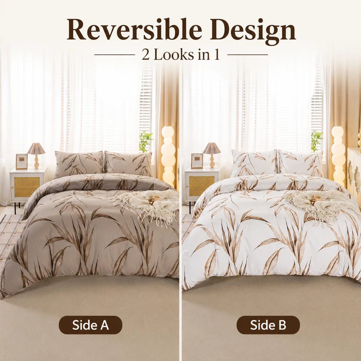 3Pcs Reversible Duvet Cover Set Brown Leaf Botanical Bedding Set Soft Boho Bed Cover with Pillowcases Queen King Twin Full