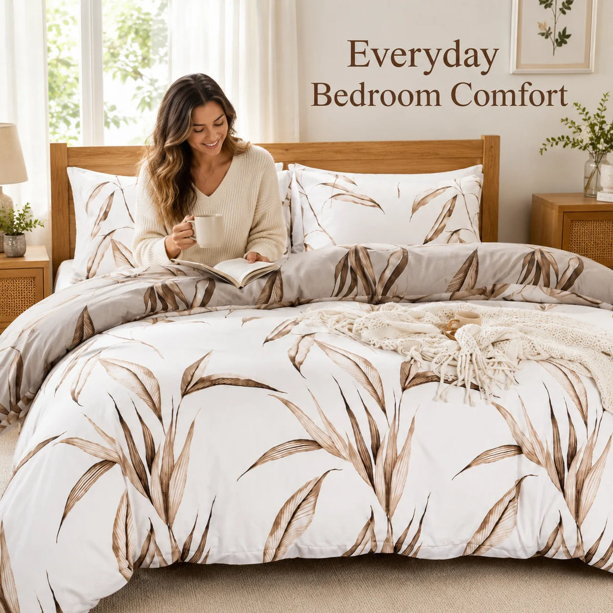 3Pcs Reversible Duvet Cover Set Brown Leaf Botanical Bedding Set Soft Boho Bed Cover with Pillowcases Queen King Twin Full
