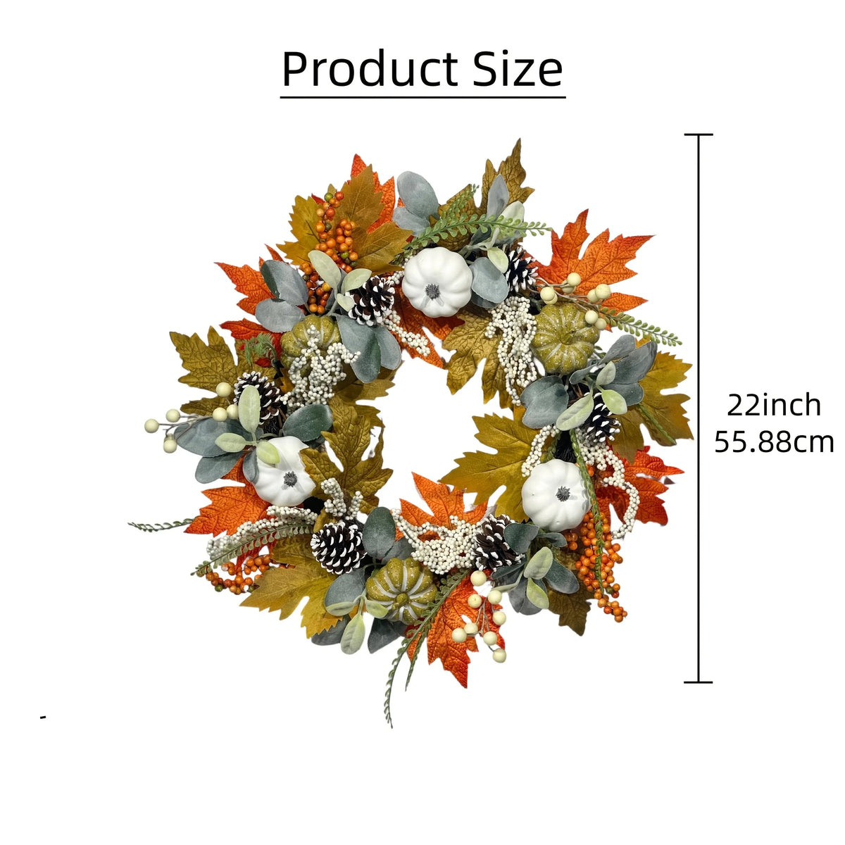 1pc Fall Artificial Pumpkin Wreath with Maple Leaves, Berries, Pinecones And Eucalyptus, Thanksgiving Halloween Home Door And Wall Decor