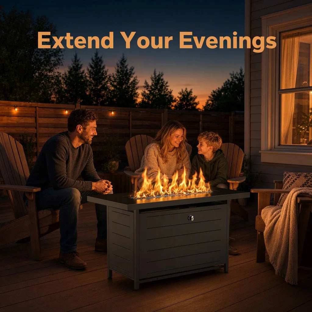 43-Inch Rectangular Propane Fire Pit with 60,000 BTU Output, Fire Pit Table Premium Gas for Outside Patio with 304 Stainless Steel H-Burner, Glass Stones, and Wind Guard