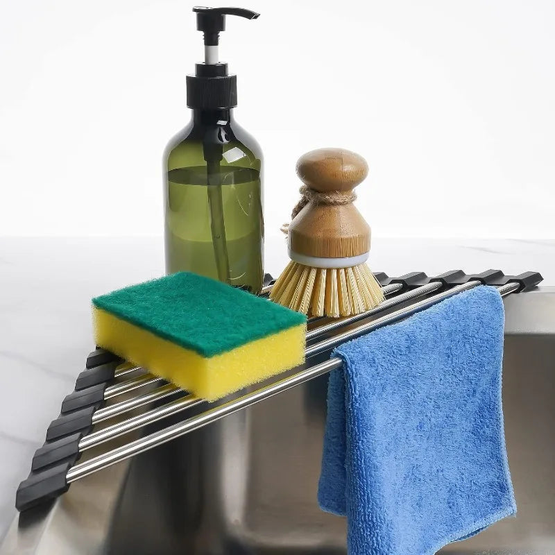 Marble Triangle Roll-Up Dish Drying Rack for Sink Corner - Small, Foldable, Stainless Steel, Multipurpose Kitchen Drainer Caddy, Trivet, Rustproof Organizer, Storage Shelf