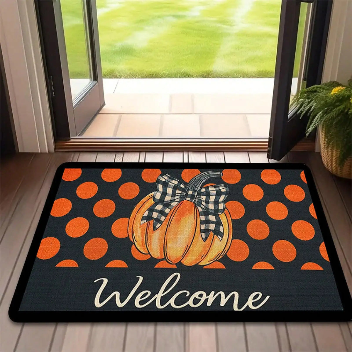 1pc Black & Orange Plaid Pumpkin Welcome With Bow - Heavy-Duty 600g/² Non-Slip, Washable Autumn Fall Welcome Sign Porch, RV, /Outdoor Use - Beige Bow Accent &