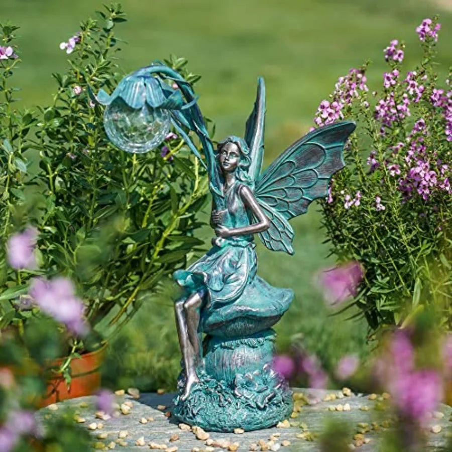 Garden Statues Fairy Sculptures and Statues, Outdoor Solar Light Garden Decor Resin Patina Bronze Figurines for Outdoor Decor,
