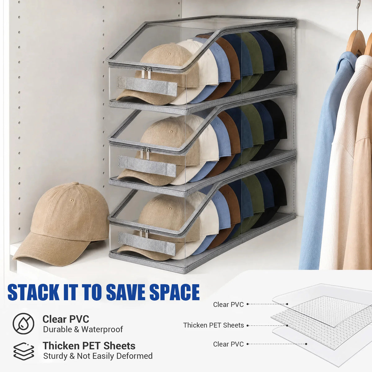 Hat Storage Organizer Box Clear PVC Baseball Cap Storage Container Stackable Dust‑Proof Cap Holder For Closet Wardrobe Under Bed