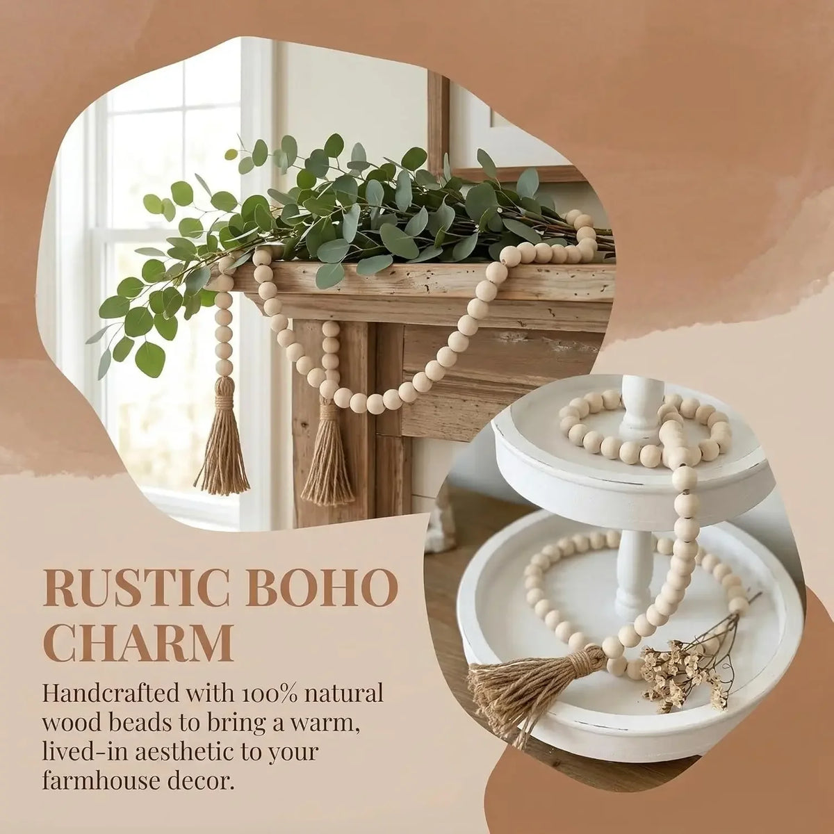 Farmhouse Beads Wood Bead Boho Tassel Garland - Rustic Design Country Boho Chic Decor for Wall, Above Cabinet & Table