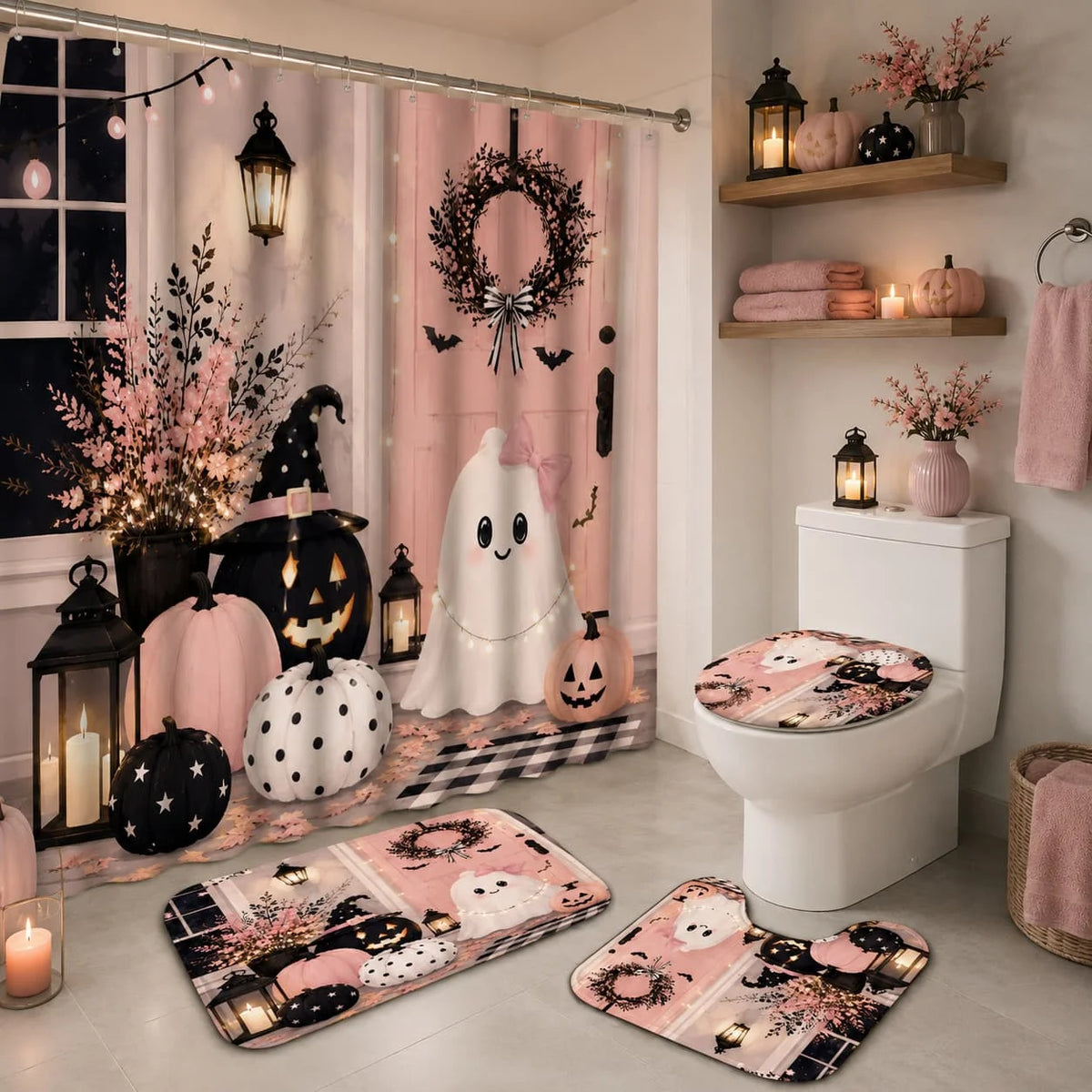 2D Flat, 4pcs 2D Flat Pink Halloween Shower Curtain Set, Cute Ghost Pumpkins Bathroom Decor, Additions with, U-Shaped, Toilet Lid Cover, Shower Curtain Includes Hooks, Spooky Season Decor, Home Decor, Bathroom Additions