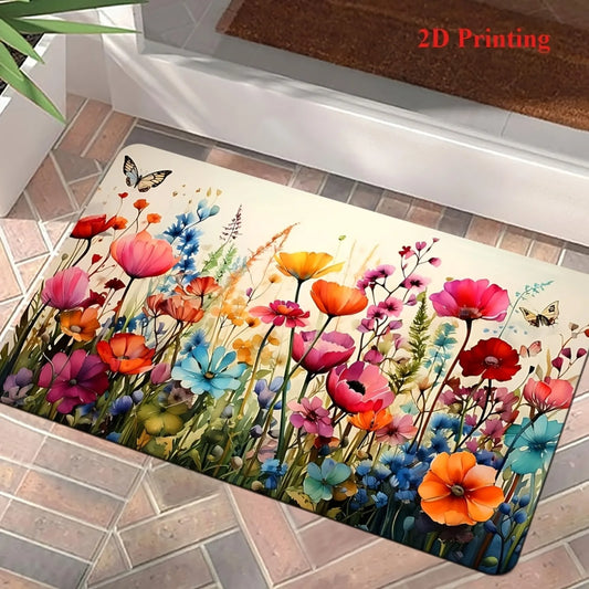 2D 1pc Watercolor Floral Pattern Door Mat - Vibrant Colored Mat, Easy-Clean Washable Polyester Material, Suitable for Entrance, Bathroom, Kitchen, Bedroom, Laundry Room, Room Decor, Home Decor