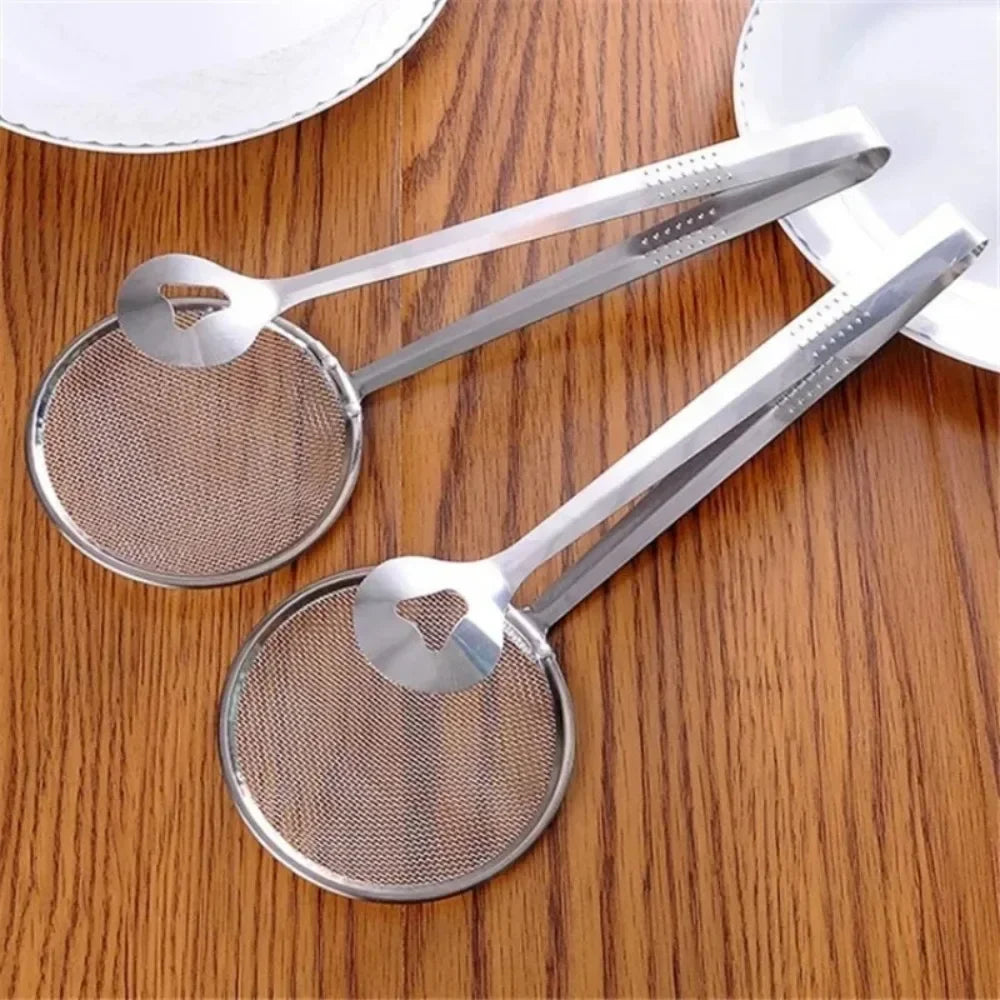 Stainless Steel Strainer Spoon Tongs, Mesh Filter Spoon and Clip Design, Approx. 280 x 100 x 10mm, Silver Finish, Approx. 40g, for Fried Food, Salads, Bread, Vegetables, Grilling and Kitchen Serving, approx. 280 x 100 x 10mm
