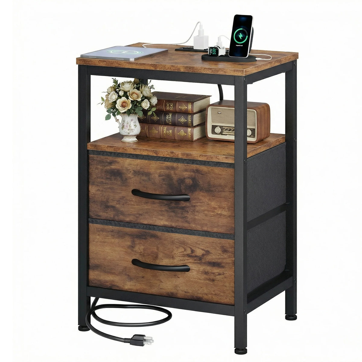 JHK Bedside Table With Fabric Drawers And USB Charging Station