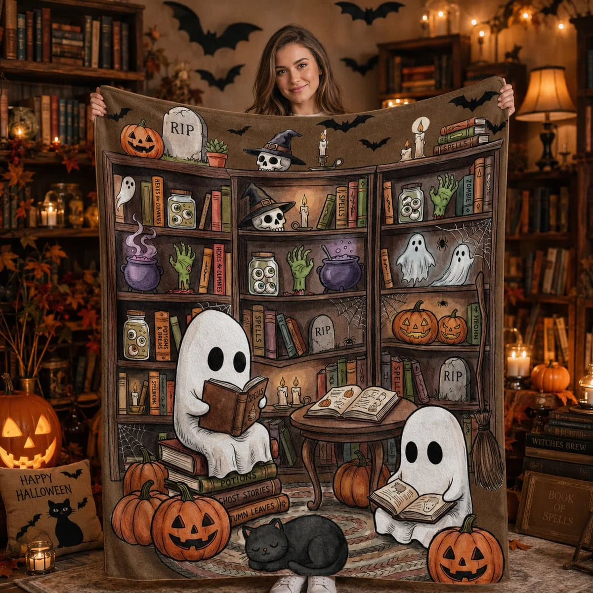 Wxiben Halloween Throw Blanket Gifts - Ghost Reading Blanket for Book Lovers Spooky Pumpkin Lightweight Soft Flannel Throw Blanket for Bed Couch Sofa Living Room Travel Halloween Decor 60x50 inches