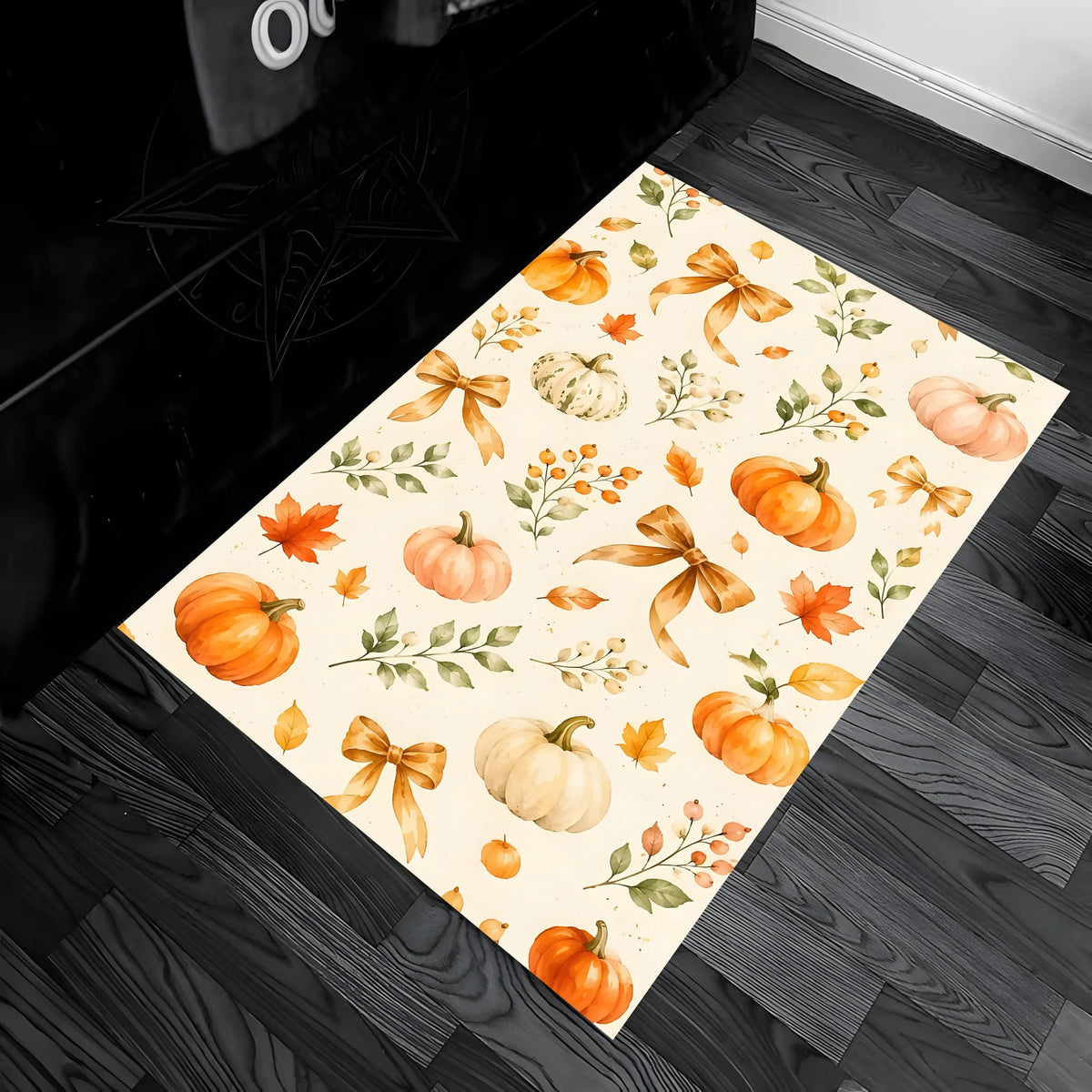 Halloween Carpet 2D Large Rug Pumpkin Bow Maple Leaf Print Retro Watercolor Style Warm Tones Soft Delicate Autumn Thanksgiving a