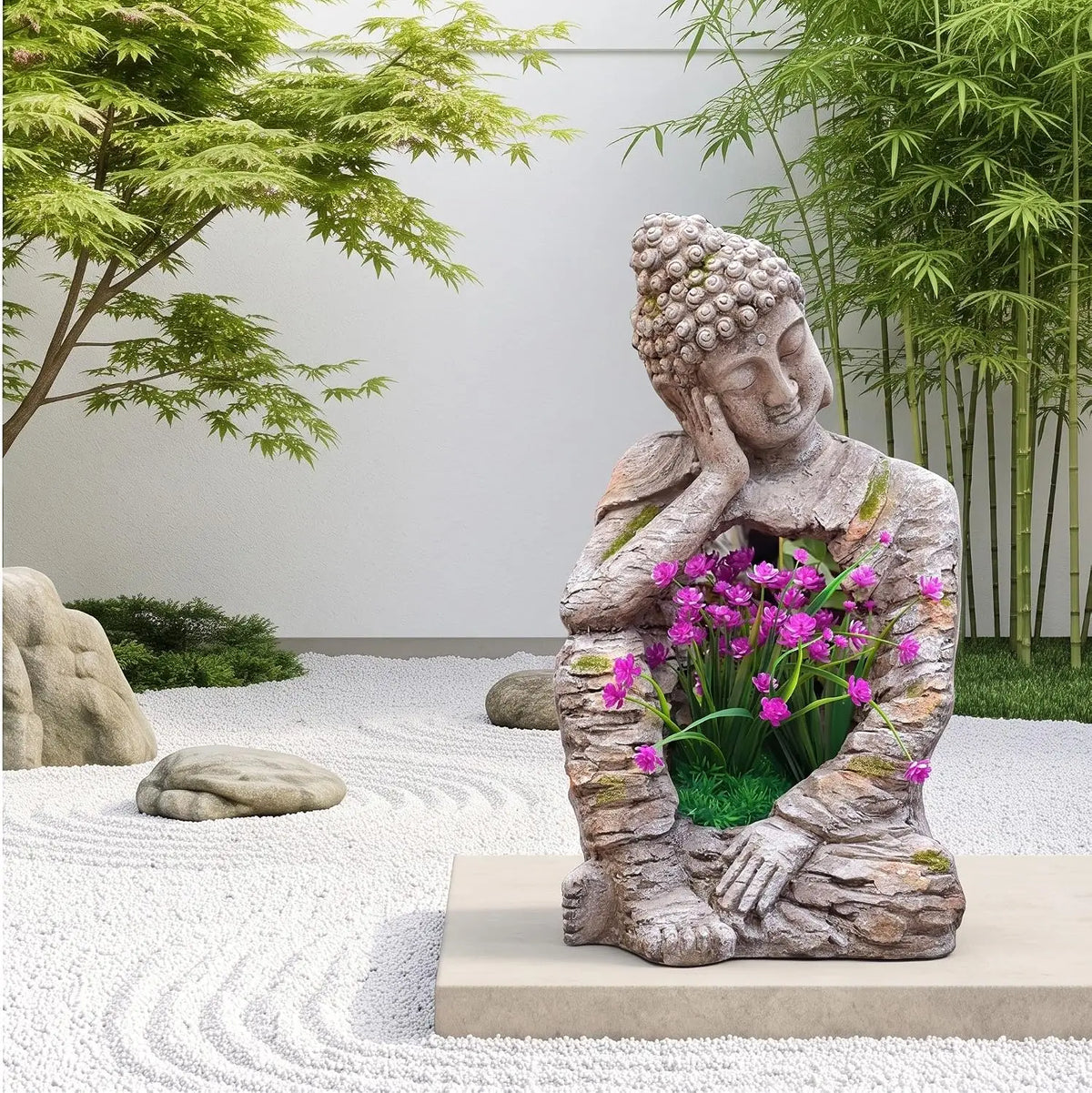 Seated Resin Buddha Garden Statue Distressed Stone Finish With Planting Opening Weatherproof Zen Sculpture Decor For Patio Yard Porch Entryway Indoor Meditation Space