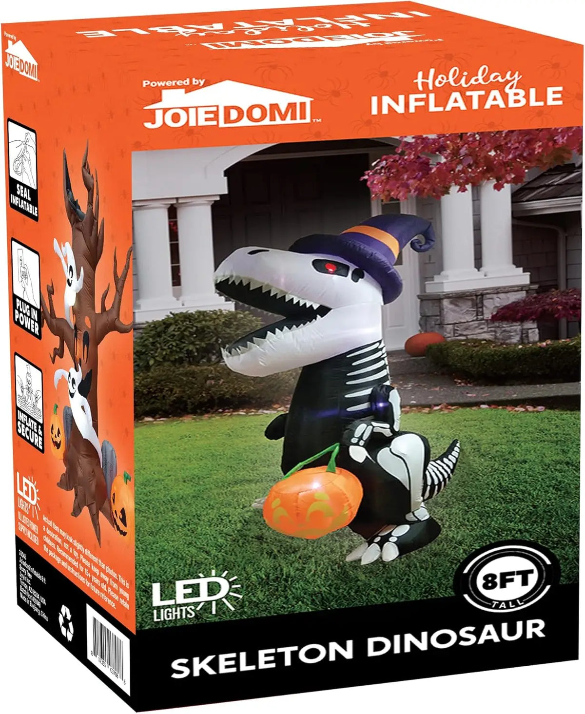 Halloween 8 FT Tall Skeleton Dinosaur Inflatables Outdoor Decorations Halloween Blow Ups for Yard, Inflatable Skeleton Dinosaur with Pumpkin for Outside Garden Decor