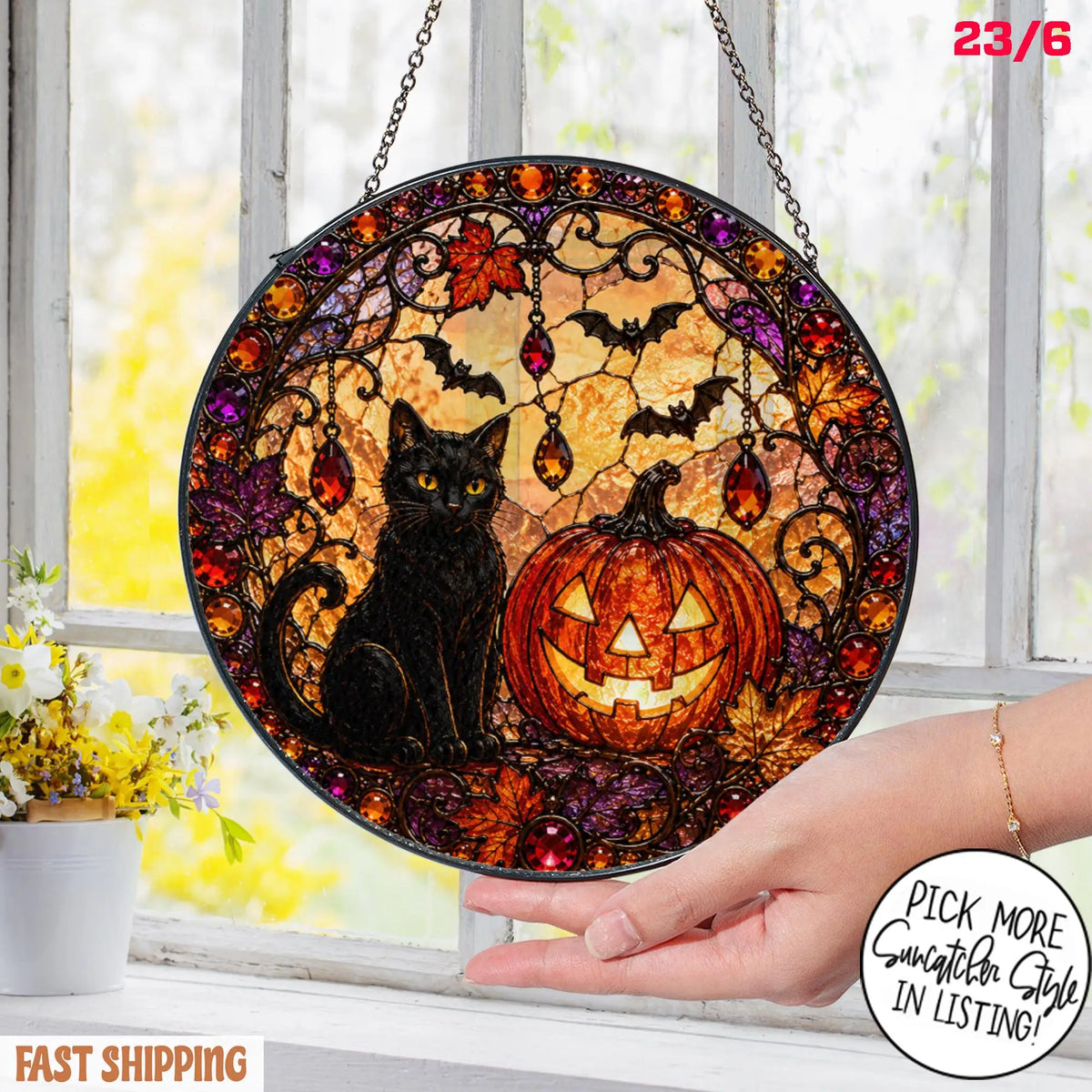 Black Cat Pumpkin Moon Stained Glass Suncatcher, Gothic Crescent Moon Decor, Spooky Cat Lover Home Decor, Halloween Gift