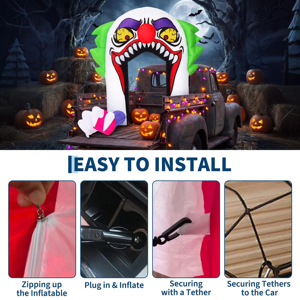 5ft Halloween Clown Inflatable Arch With 4 Led Lights, Blow Up Trunk Or Treat Car Yard Lawn Driveway Party Decoration Outdoor Toy