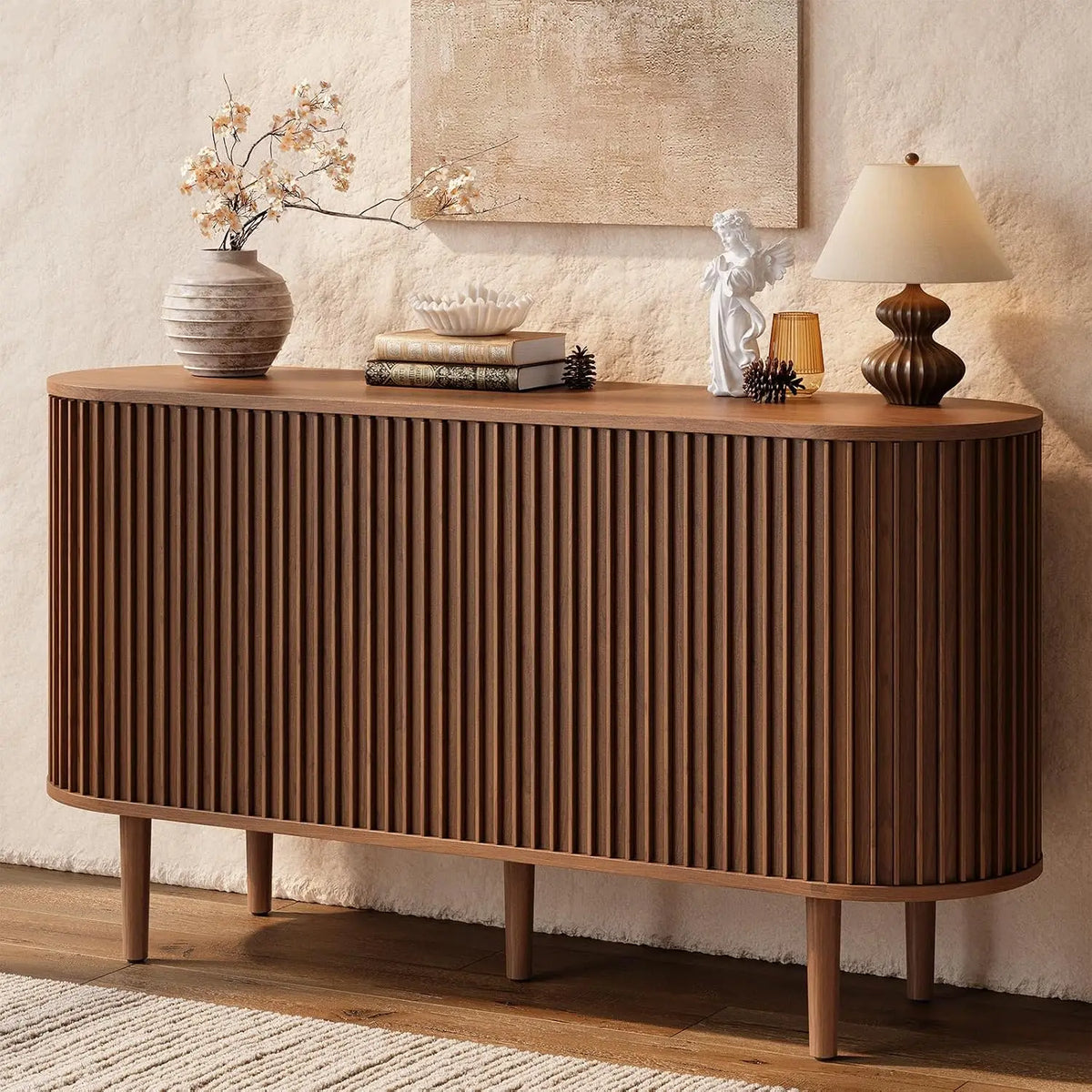 55" Sideboard Cabinet Buffet Storage - Mid-Century Modern Coffee Bar Table w/2 Doors, Adjustable Shelves, Walnut Finish | Kitchen, Dining Room Furniture
