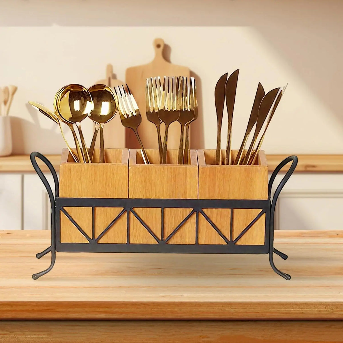 Garvee Home Waterproof Acacia Wood Utensil Holder for Kitchen – 3 Removable Compartments, Portable Handles – Countertop Flatware Organizer for Parties, BBQ, Home – Dark Brown, 34×9×15.5cm