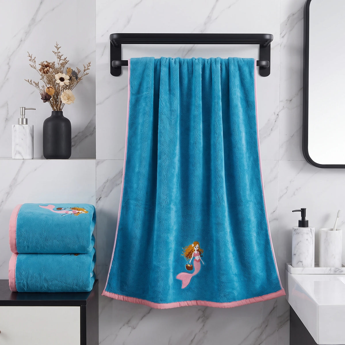 2‑Pack Coral Velvet Bath Towels, Mermaid Embroidered Pattern, Soft & Cozy, High Water Absorbency, Ideal for Bathing, SPA, Swimming, Yoga, Salon Use