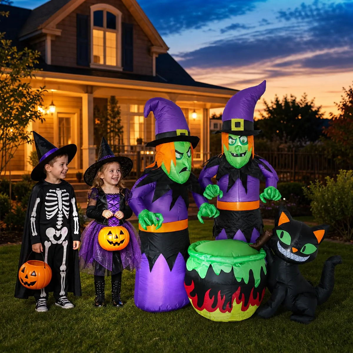 6ft Halloween Inflatable Witch Sisters Black Cat Cauldron With 6 Led Lights, Outdoor Yard Decor Blower For Lawn Porch Garden
