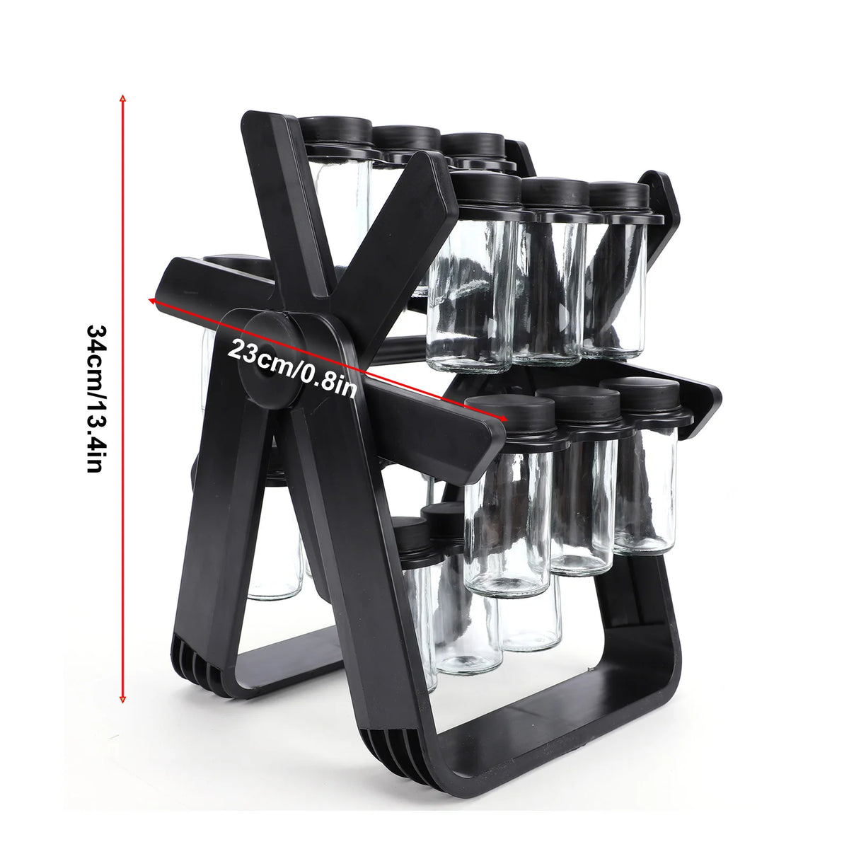 18 Jar Glass Spice Carousel Organizer 360° Revolving Spice Rack w Labels and Collapsible Funnel Space Saving Black Spice Holder
