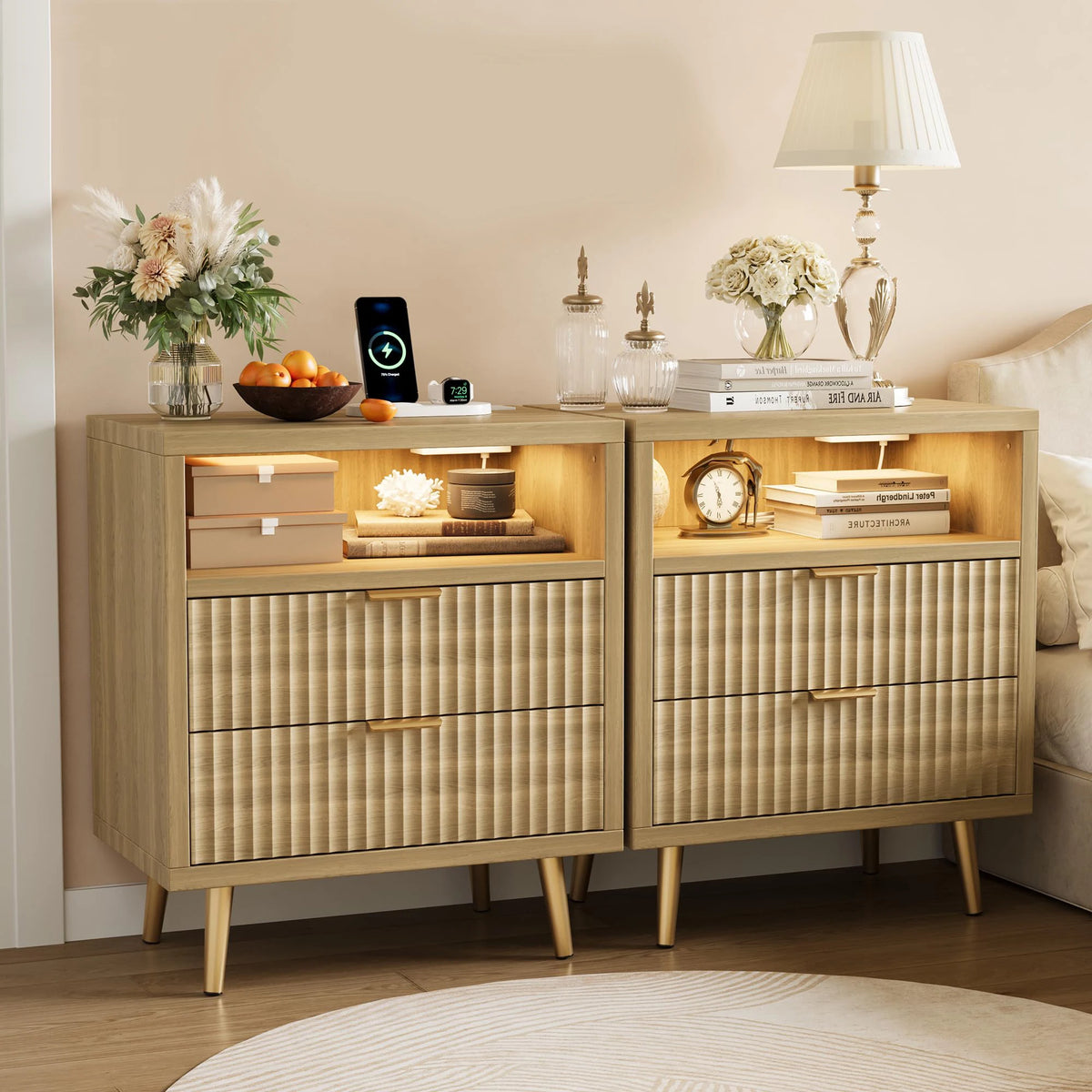 HiMISS LED Nightstand With Charging Station Drawers And Open Shelf
