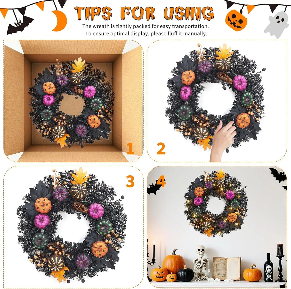 Tacleekii Halloween Pumpkin Wreath 20 Inch Pre Lit Wreath with LED Lights Maple Leaves and Berries Halloween Front Door Hanging Decor