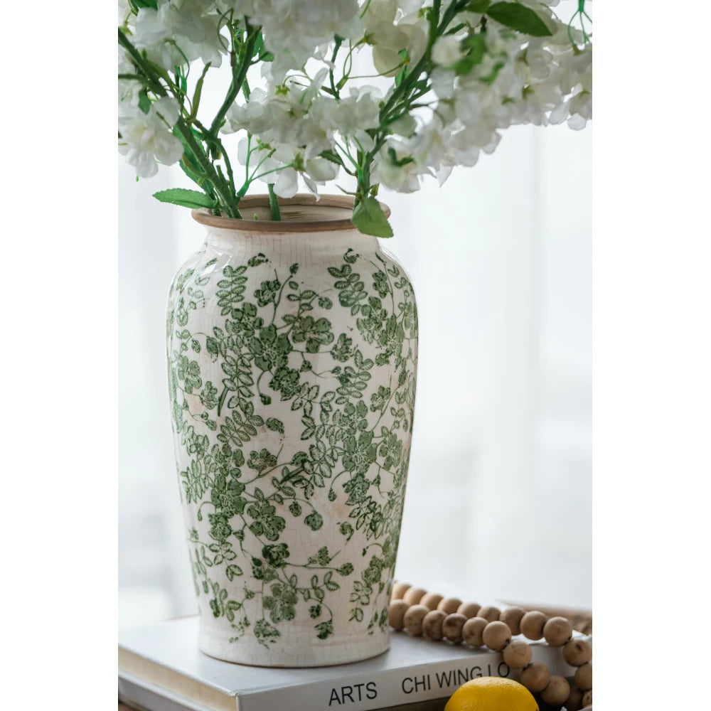 6.5x6.5x11.6" White Ceramic Flower Vase with Green Floral Pattern Nordic Decor Table Decorations Bottle Homestay MHHP