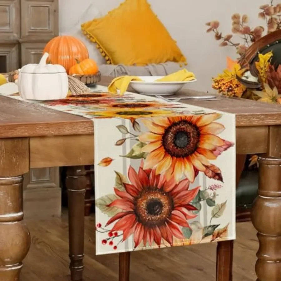 Sunflower Maple Leaves Fall Table Runner, Seasonal Autumn Kitchen Dining Table Holiday Thanksgiving Fall Decorations for Home P