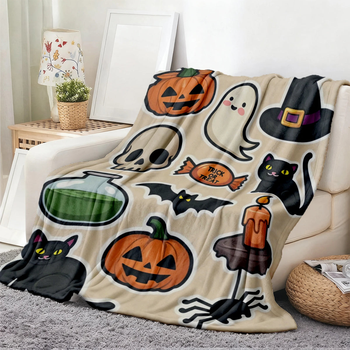 Halloween Cartoon Sticker Flannel Blanket, Festive Jack-O'-Lantern Ghost And Black Cat Pattern on Beige, Soft Warm All-Season Throw for Home Decor, Machine Washable Holiday Gift for Trick Or Treat Celebrations