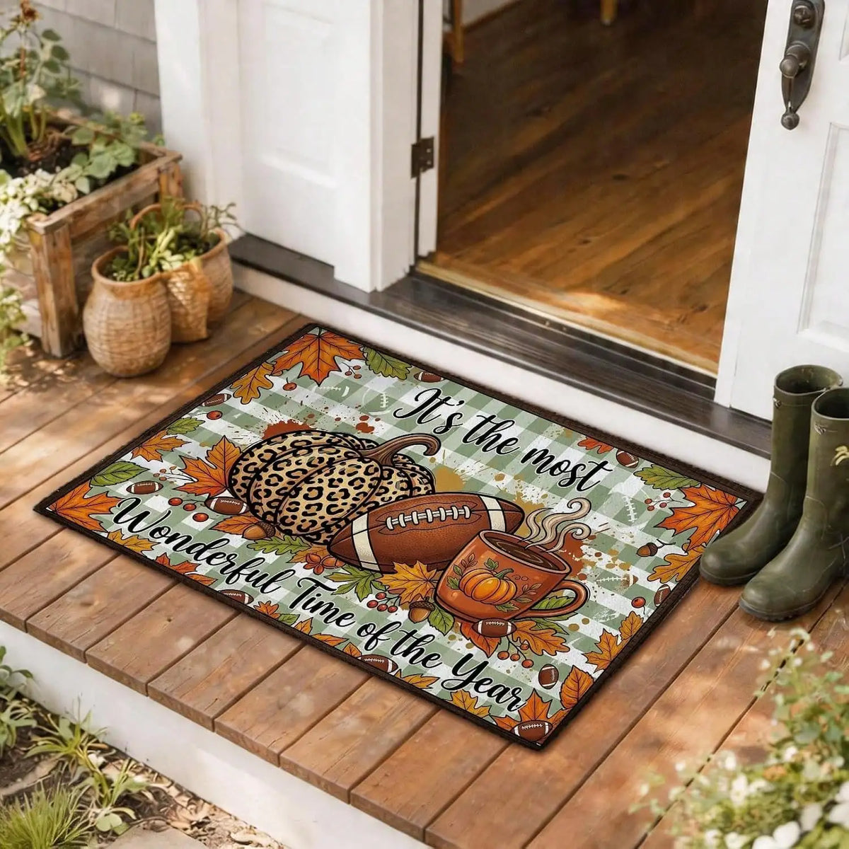 Pumpkin Football Coffee Cup Welcome Door Mat, Autumn Rustic Floor Rug With Football Theme Design, Non-Slip Outdoor Carpet For Bedroom, Front Door, Entryway